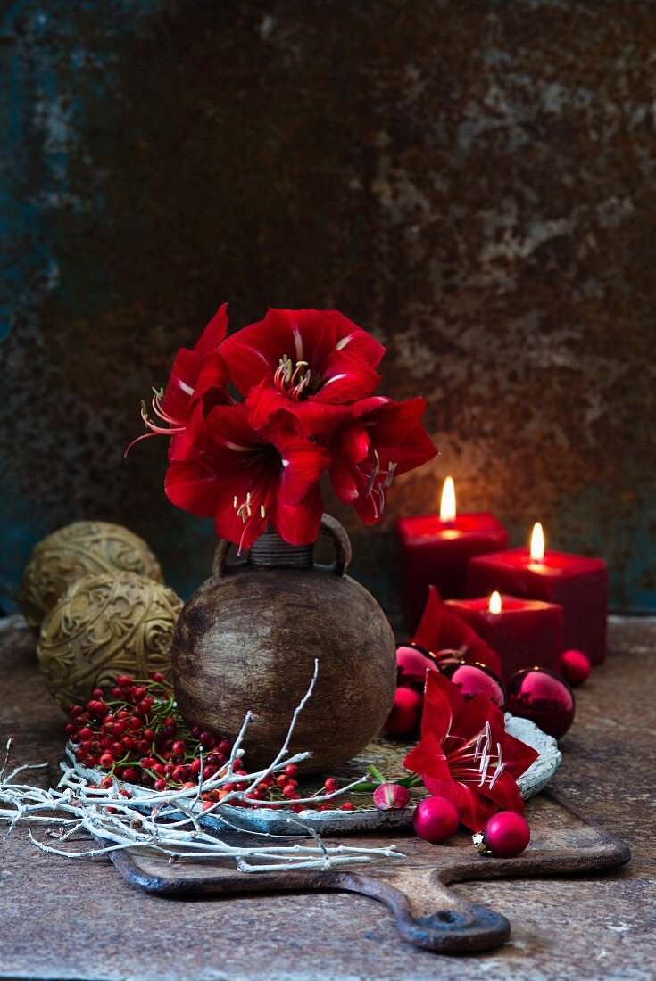 Rote Amaryllis in einer Kugelvase mit weihnachtlicher Deko auf einem Brett