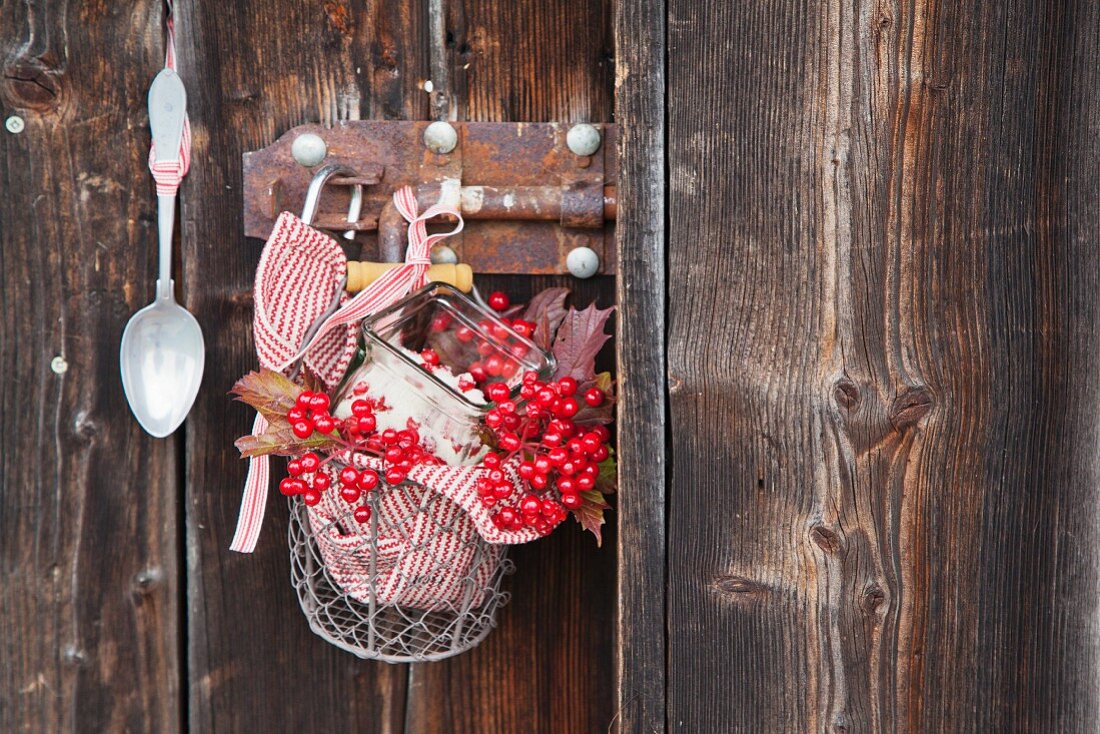 Viburnum berries and sugar in wire basket hung on wooden wall