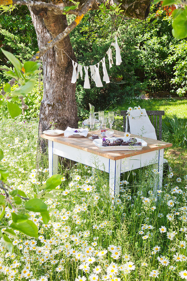 Gedeckter Tisch in der Blumenwiese unterm Baum im Sommergarten