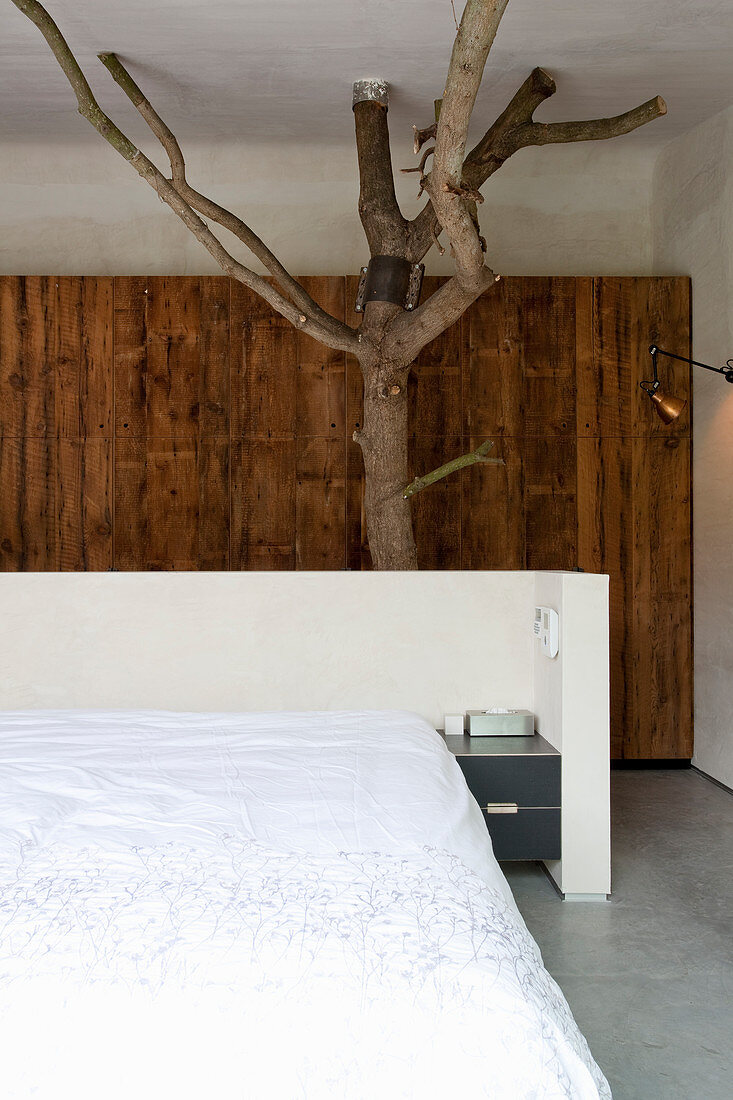 Tree trunk with branches behind bed in bedroom with partition wall
