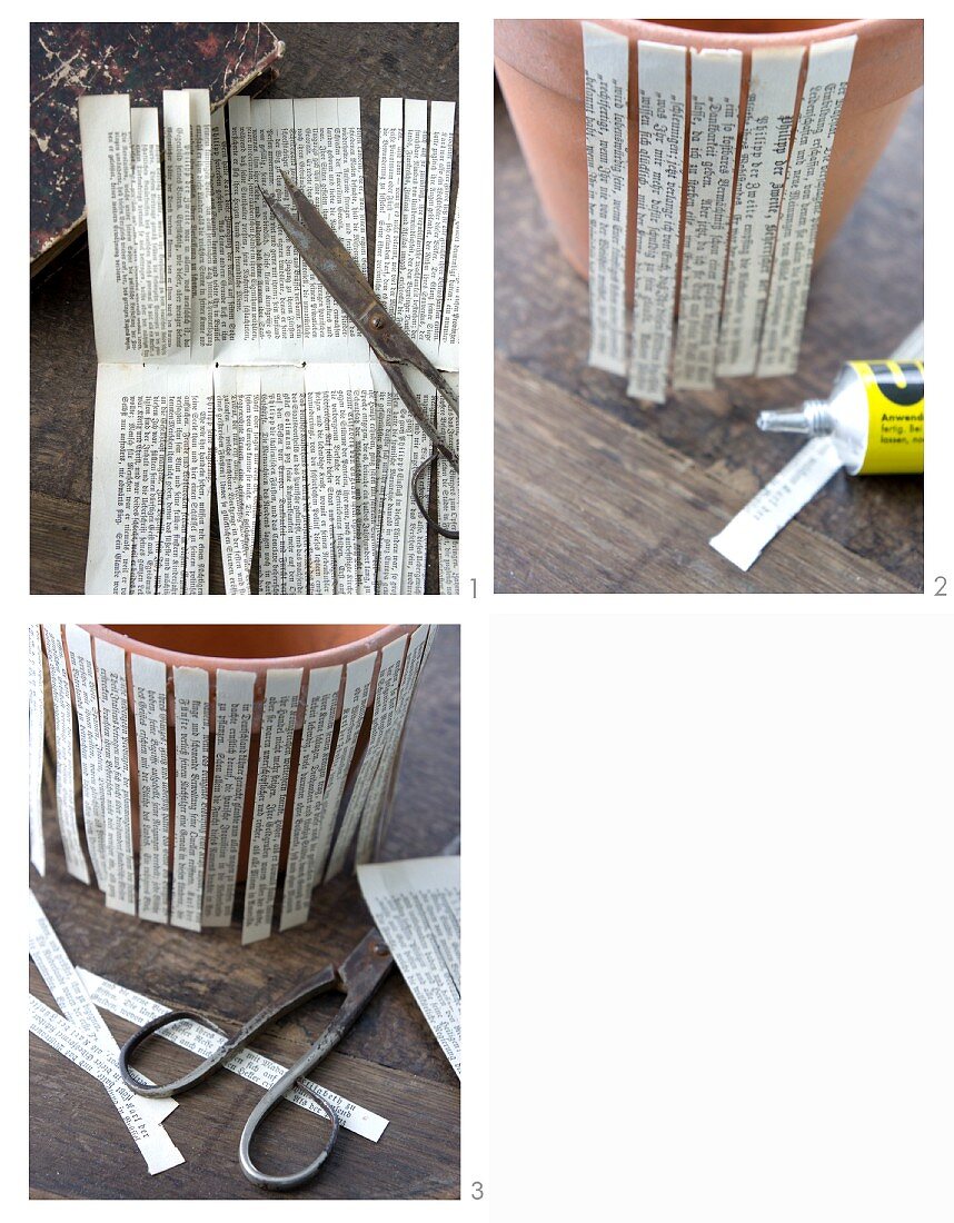 Decorating a terracotta pot with paper strips from old book
