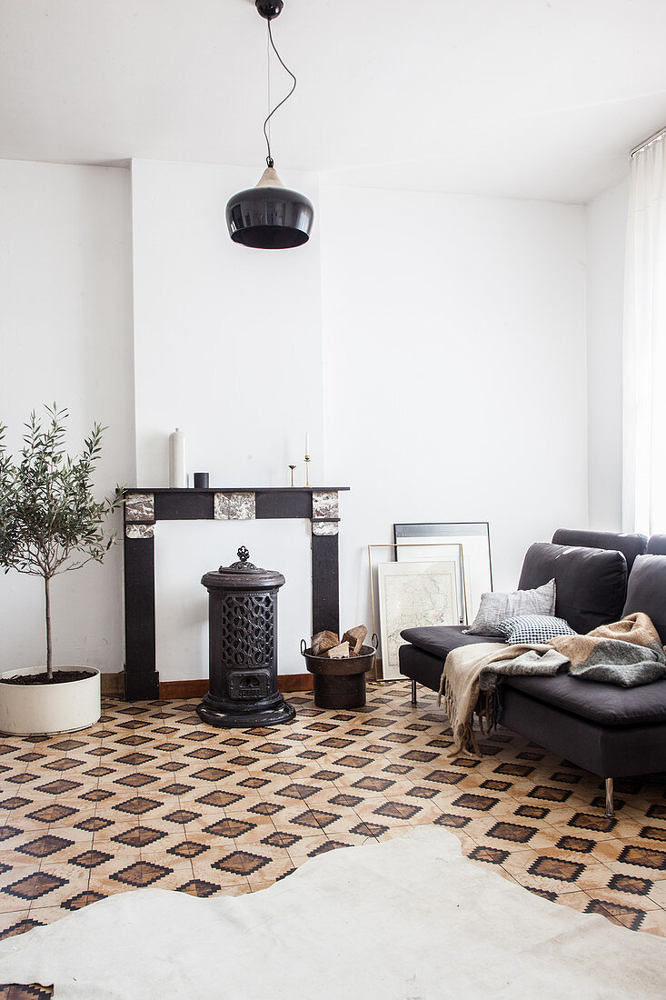 Tierfellteppich auf gemustertem Fliesenboden, graues Sofa, Holzofen vor stillgelegter Kamin und Olivenbäumchen im Wohnzimmer