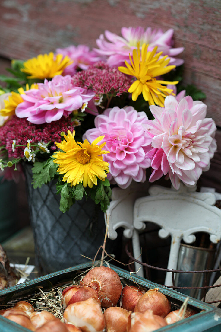 Late-summer bouquet with dahlias, sedum and marigolds