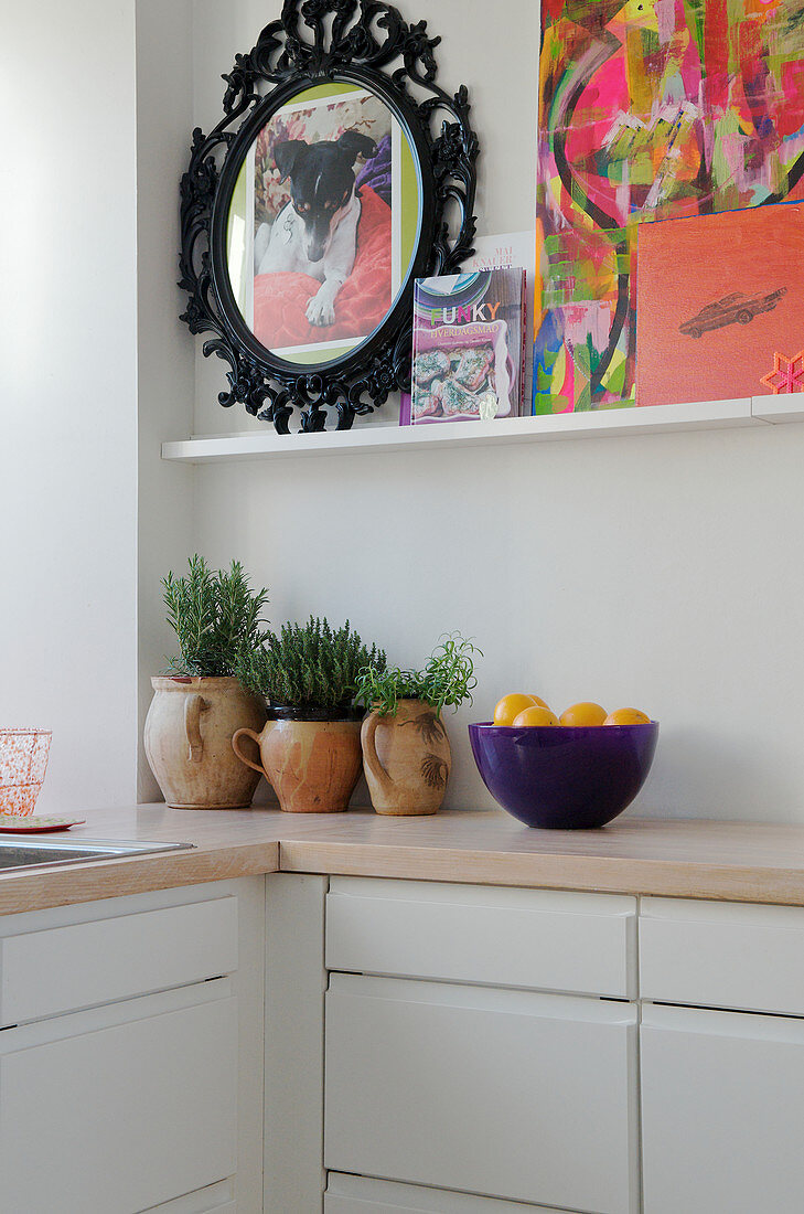 ceramic pots with kitchen herbs and colorful pictures on a picture ledge in a kitchen