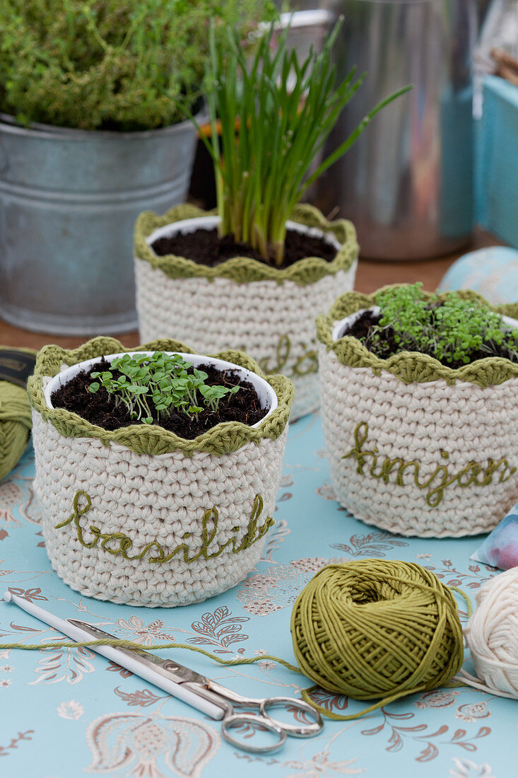 Crocheted plant pot covers with embroidered plant names