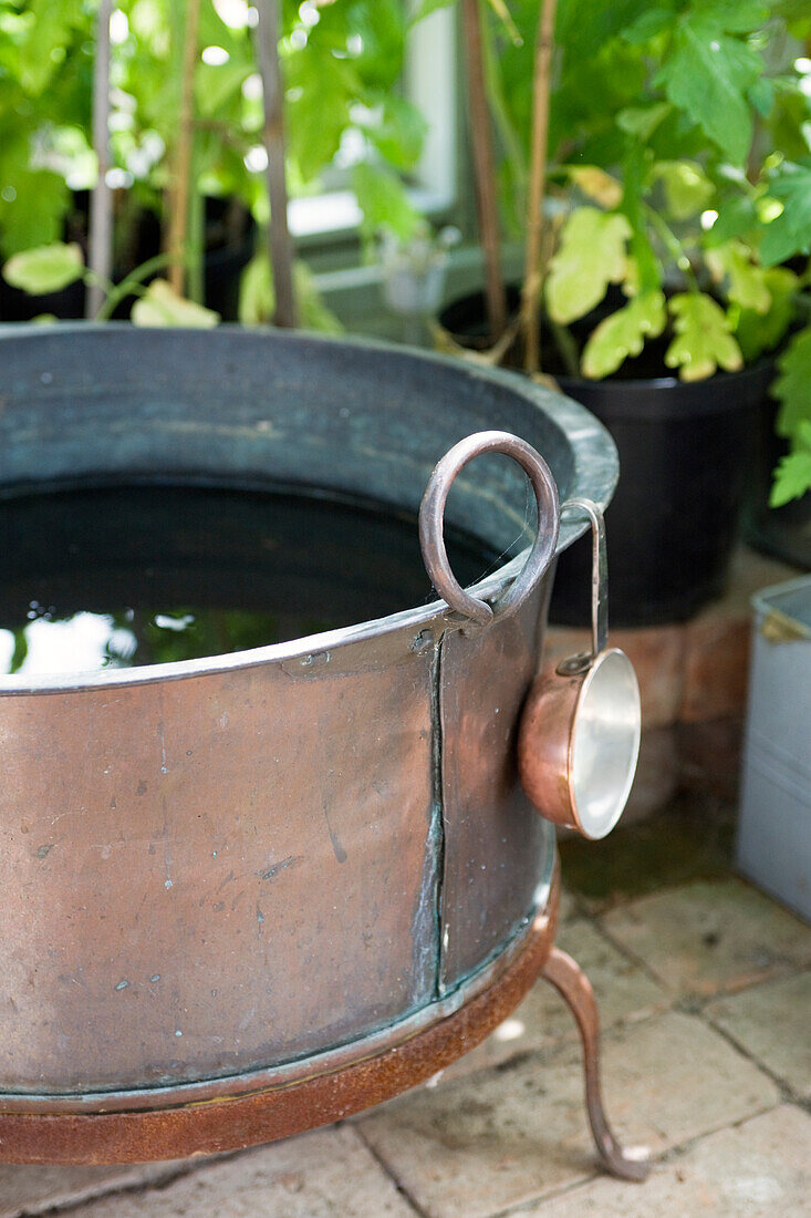 Galvanized pot filled with water
