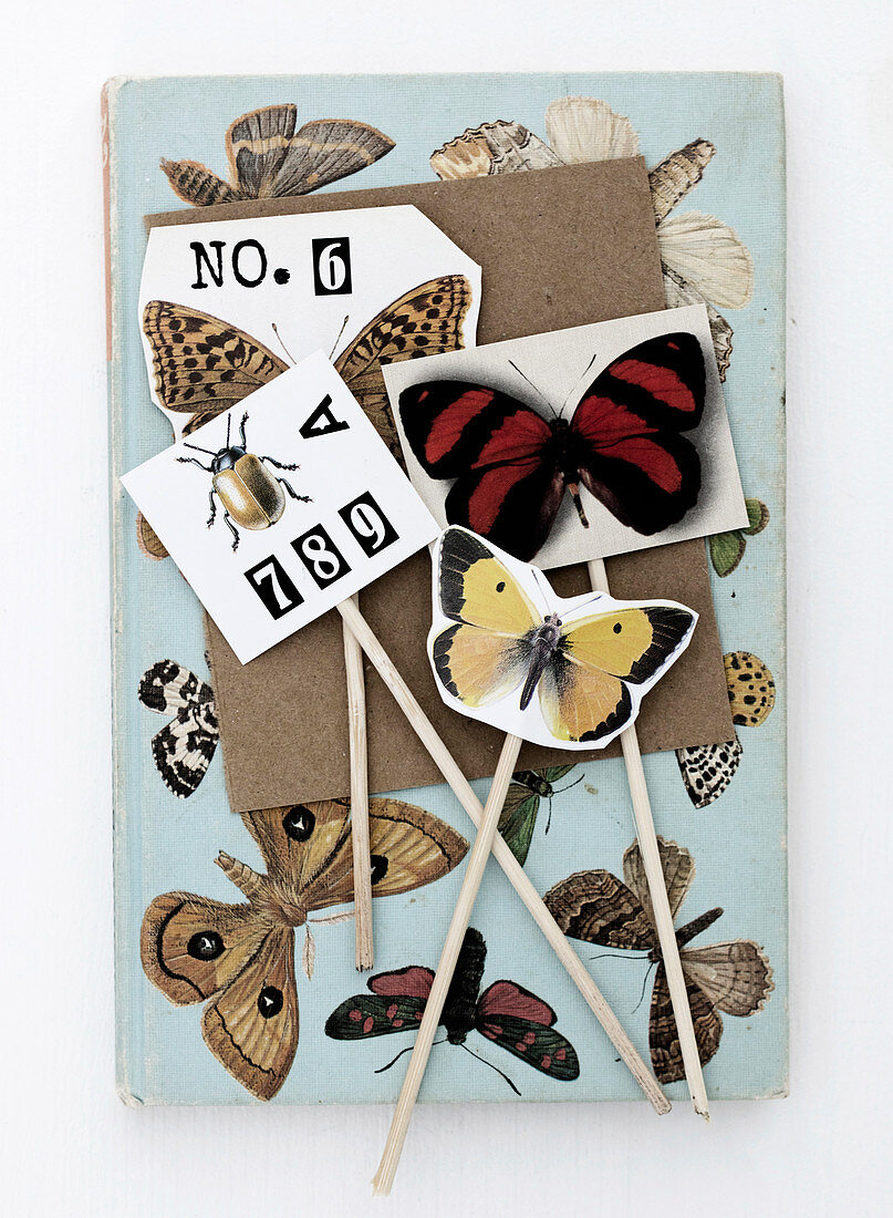 Selbstgemachte Pflanzenstecker mit Schmetterling-Motiv, Käfer und Zahlen