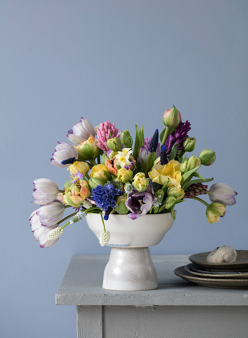 A spring bouquet of tulips, hyacinths, daffodils and grape hyacinths