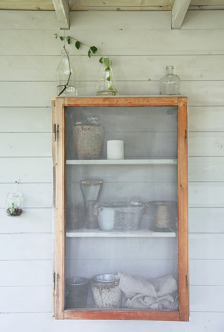 A wall cupboard with a fly screen and cuttings in glass containers