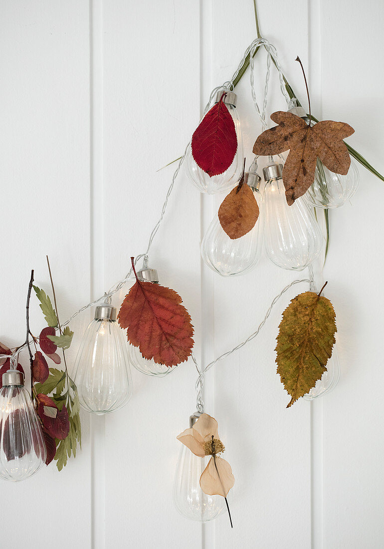 Fairy lights with autumn leaves