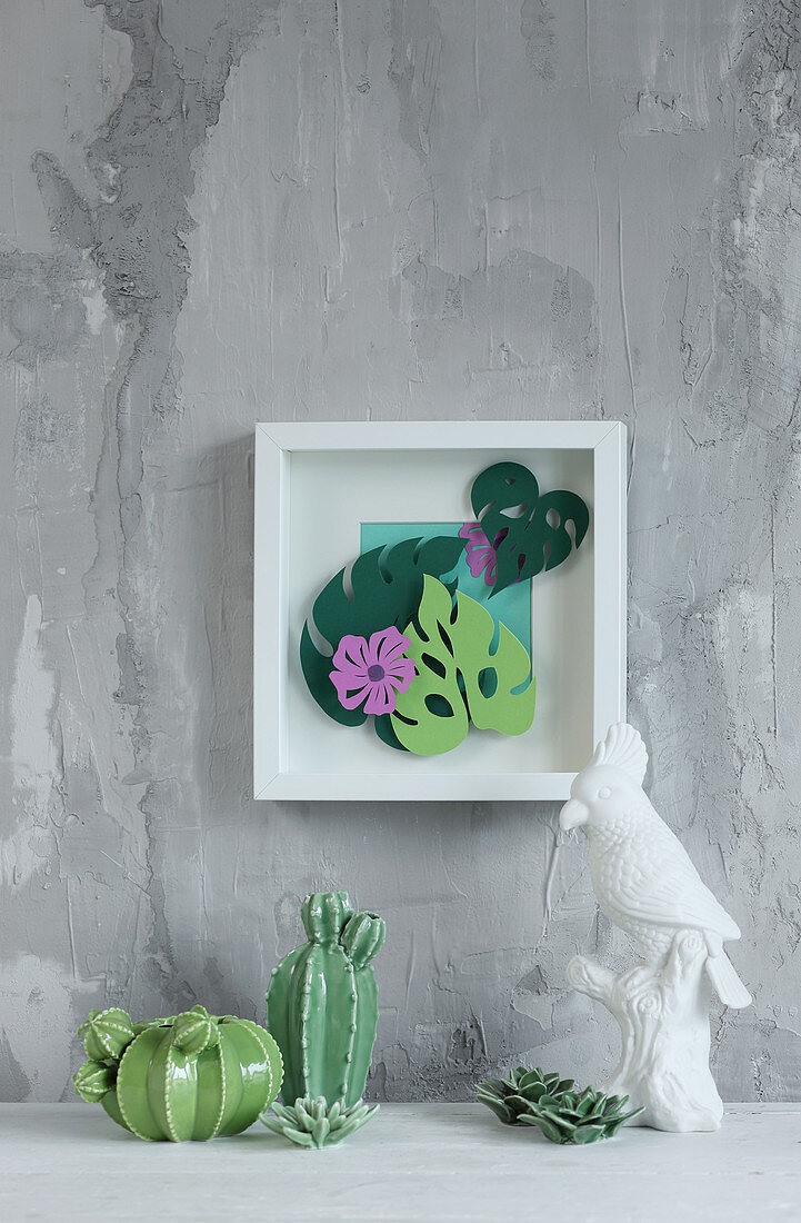 Topical 3D picture with paper leaves and flowers
