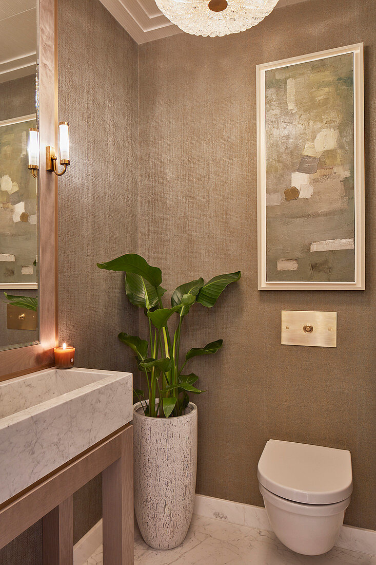Modern bathroom in shades of grey with rectangular marble sink