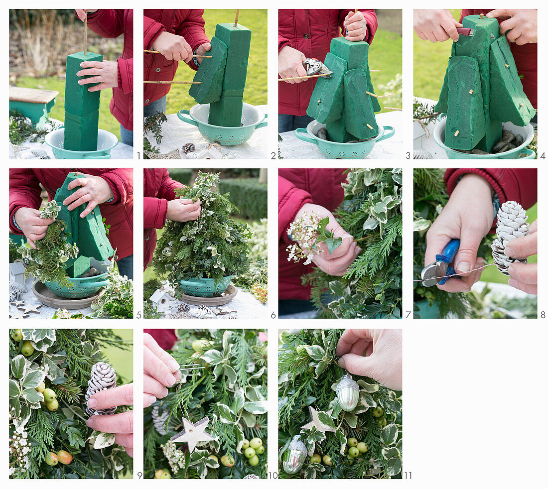 Instructions for making arrangement shaped like a Christmas tree