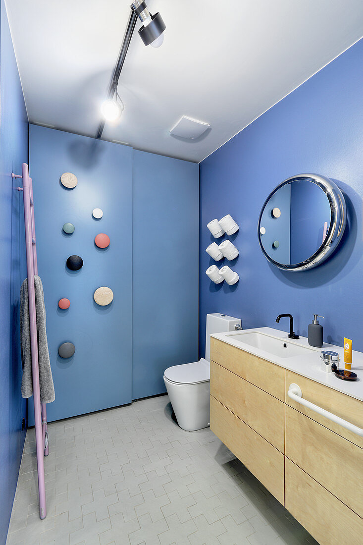 Modern bathroom with blue walls and fitted cupboards with hooks on door