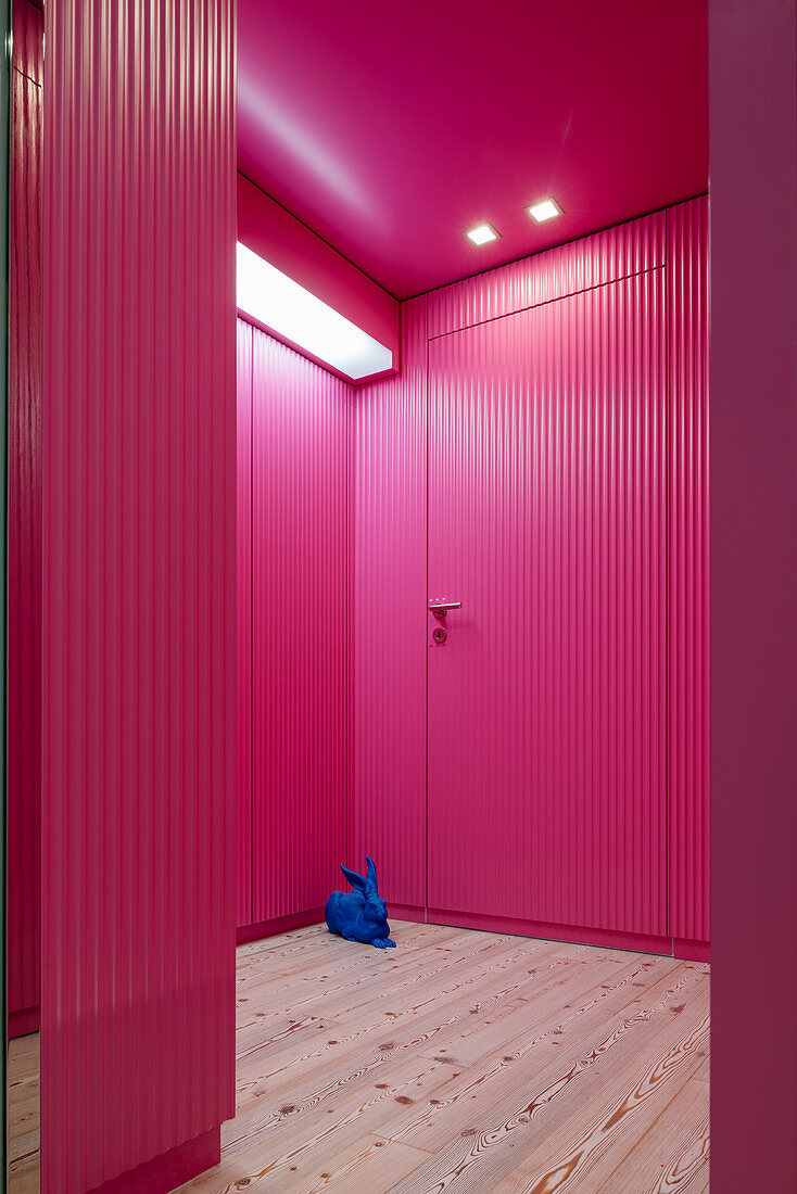 Blauer Hase auf dem Holzboden im Flur mit pinken Wänden und Türen