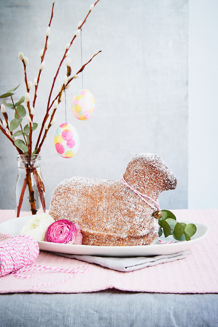 Easter lamb bread and pussy willow with decorated eggs