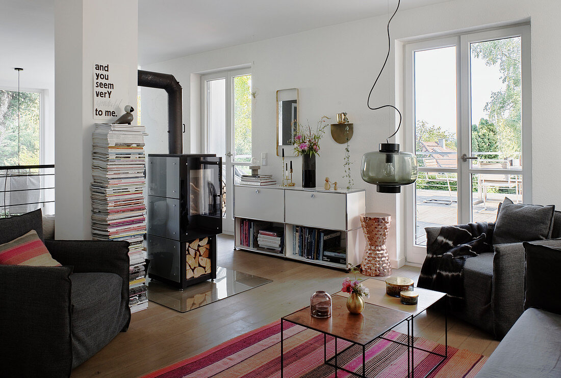 Cosy seating area and log burner in living room