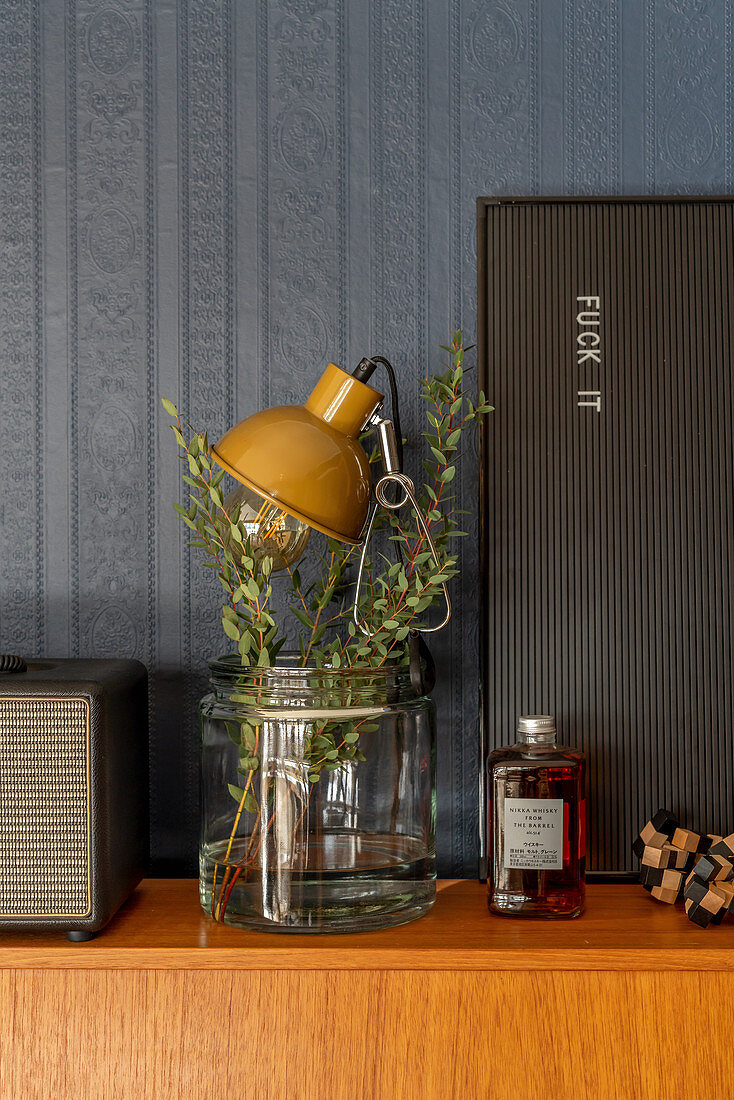 Leafy twigs in vase and retro table lamp on sideboard