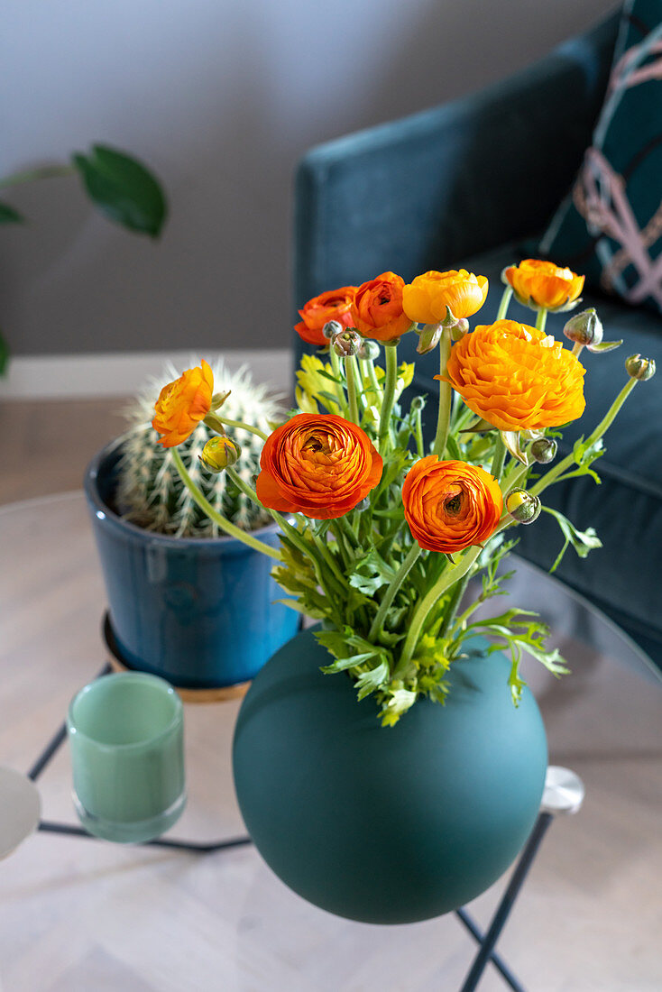 Orange ranunculus in petrol-blue vase