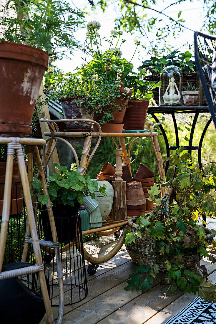 Vintage bamboo and metal plant stands decorating terrace