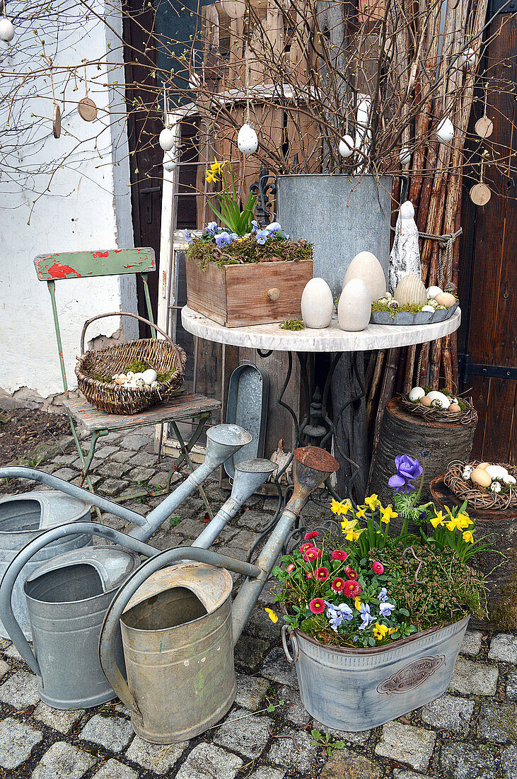 Österlich dekorierter Tisch, Giesskannen und Zinkwanne mit Frühlingsblumen