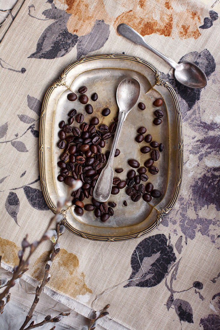 Coffee beans and spoon on vintage metal plate