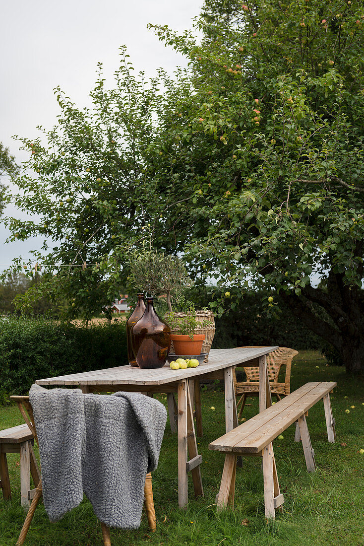 Gartentisch mit Sitzbänken und Rattanstühlen im Garten