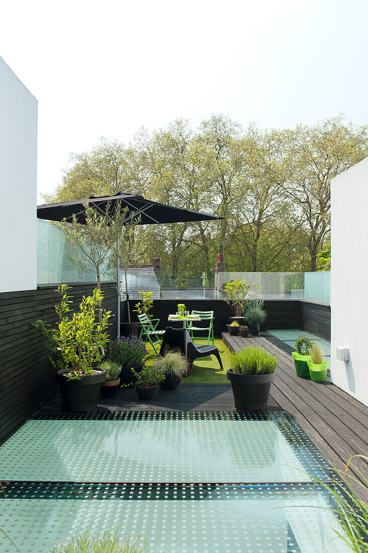 Outdoor furniture and potted plants on modern roof terrace