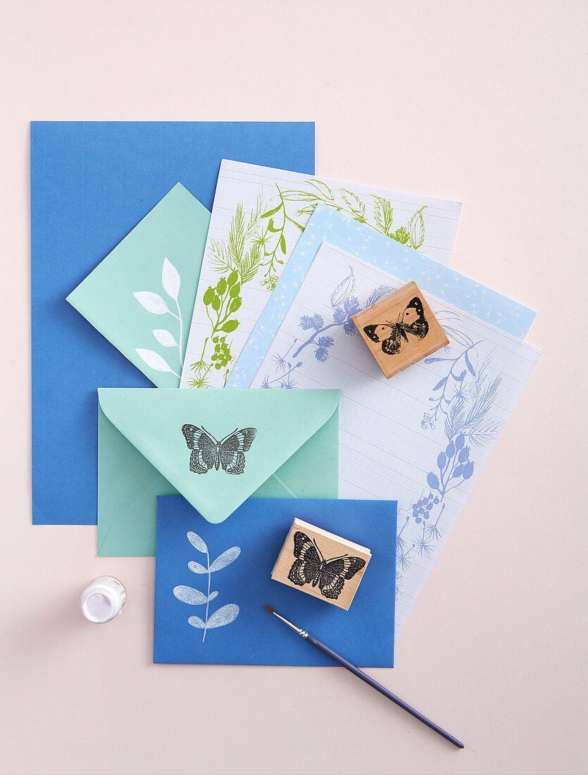 Hand-printed stationary in blue and green