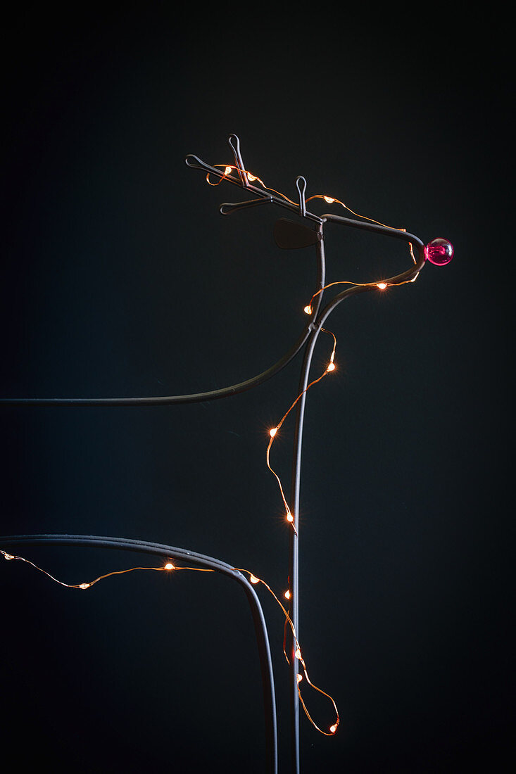 Rentier aus Draht mit Lichterkette als Weihnachtsdeko