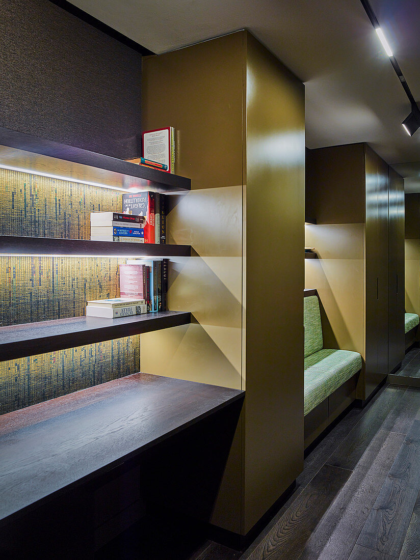 Open bookshelves with indirect lighting