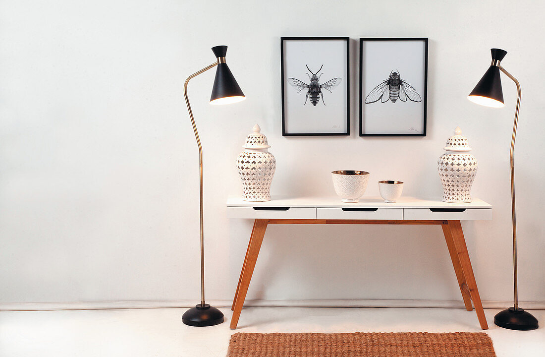 Urns on console table flanked by two standard lamps below drawing of insects on wall