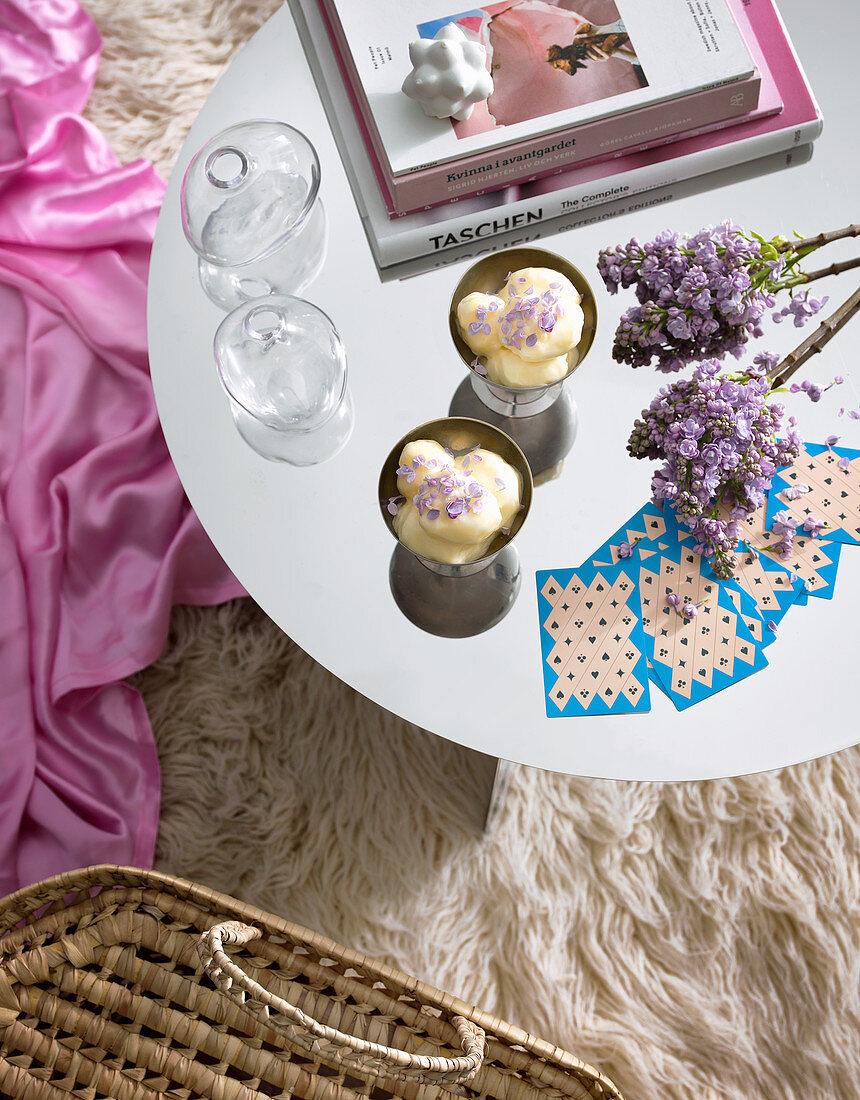 Mirror table and pink throw