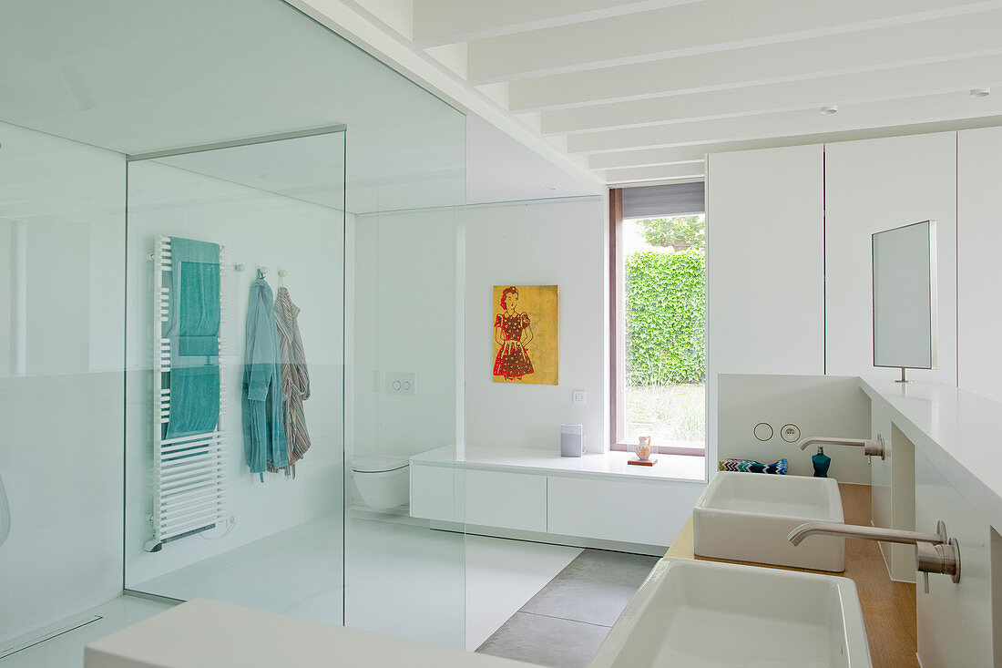 Large, modern bathroom with glass partition walls