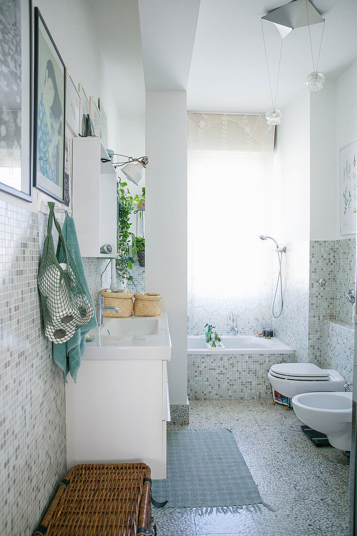 Mosaic tiles in bright bathroom