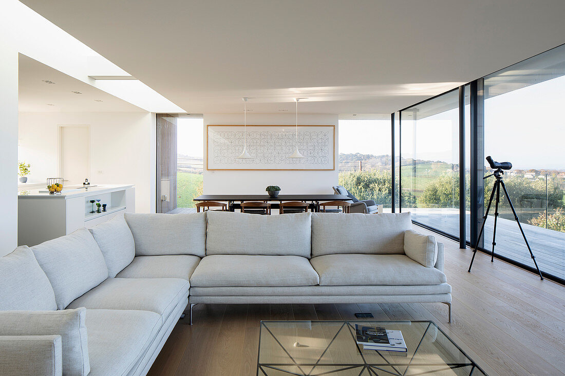 Pale sofa set and glass wall in open-plan interior