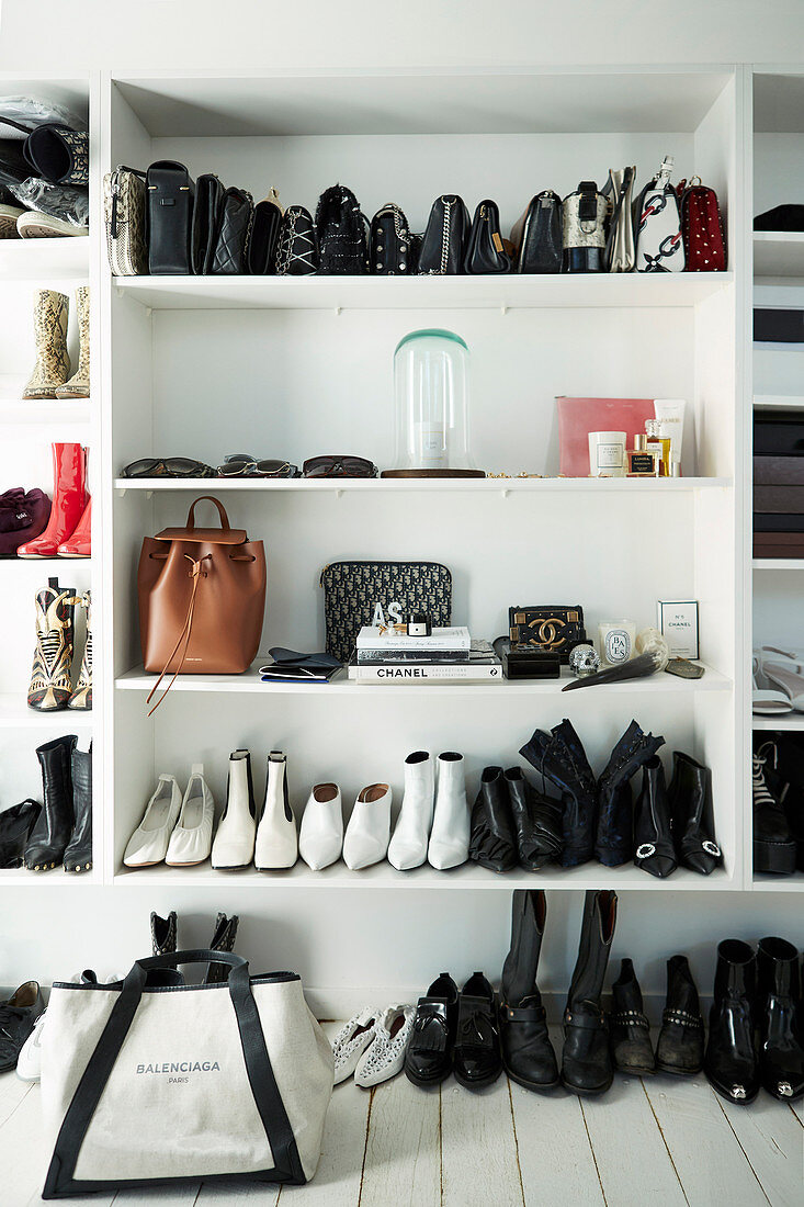 Black and white shoes and handbags on the shelf