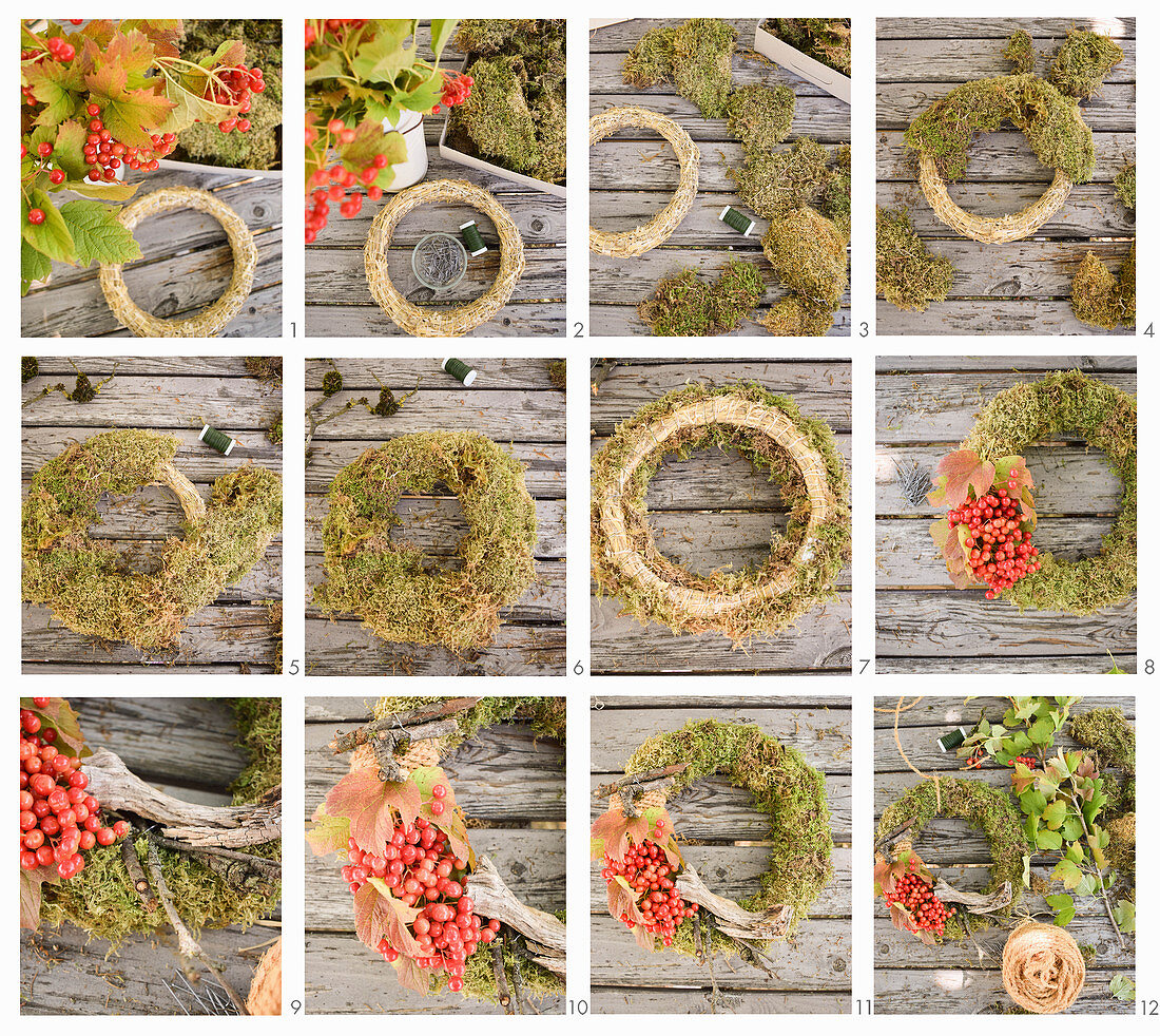 Instructions for making a moss wreath with viburnum berries and wood