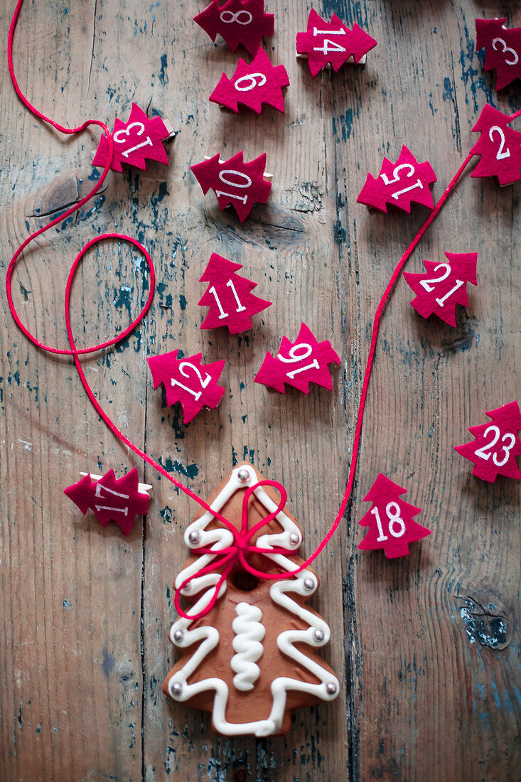 Numbered, red felt Christmas trees and gingerbread biscuit