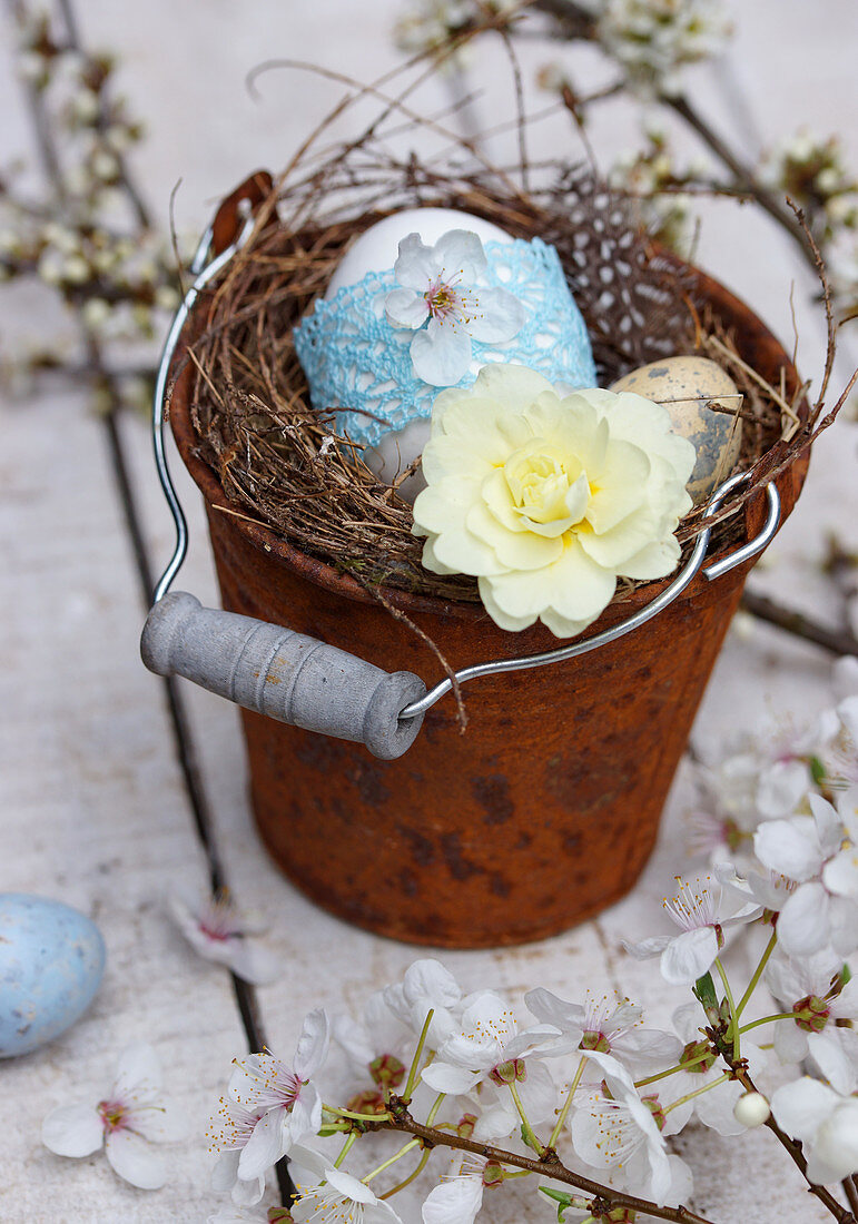Primulas and Easter egg with lace ribbon in Easter nest in little bucket