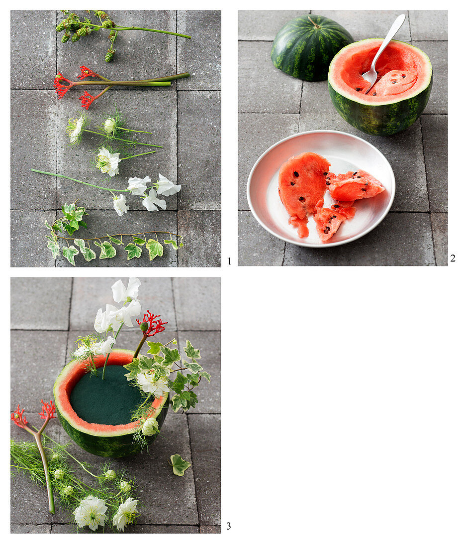 Summer flower arrangement in hollowed-out watermelon