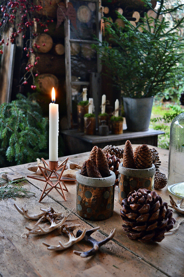 Weihnachtsdekoration mit Kerze, Zapfen und Geweihen