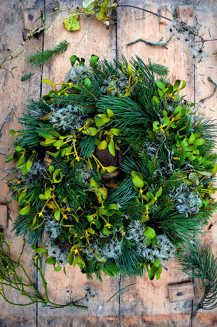 Mixed wreath of pine, spruce, mistletoe, and clematis