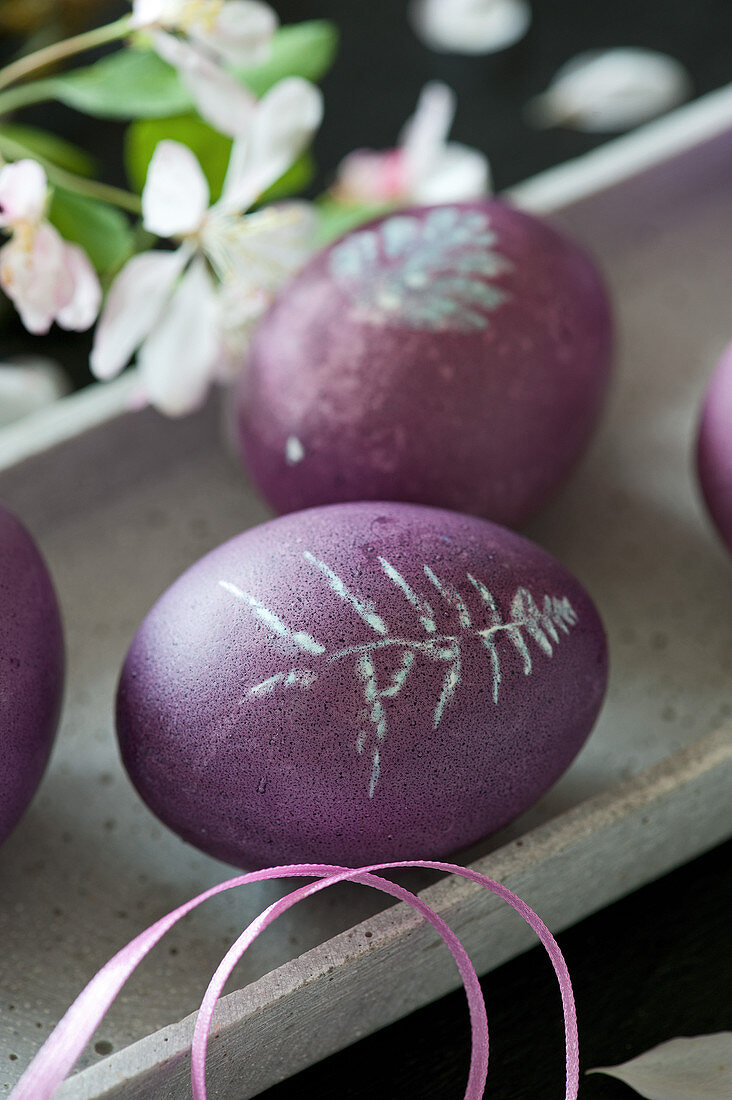 Dyed purple Easter eggs with botanical motifs