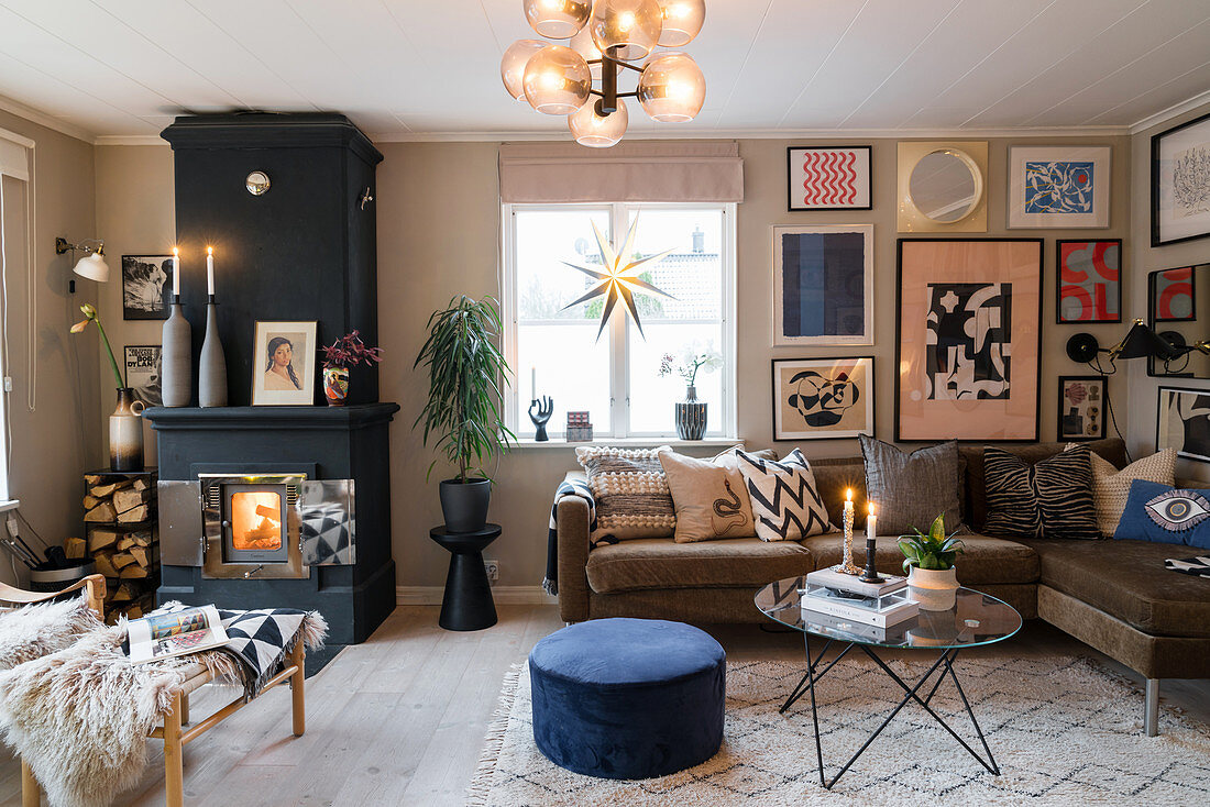 Black stove in cosy living room in muted shades