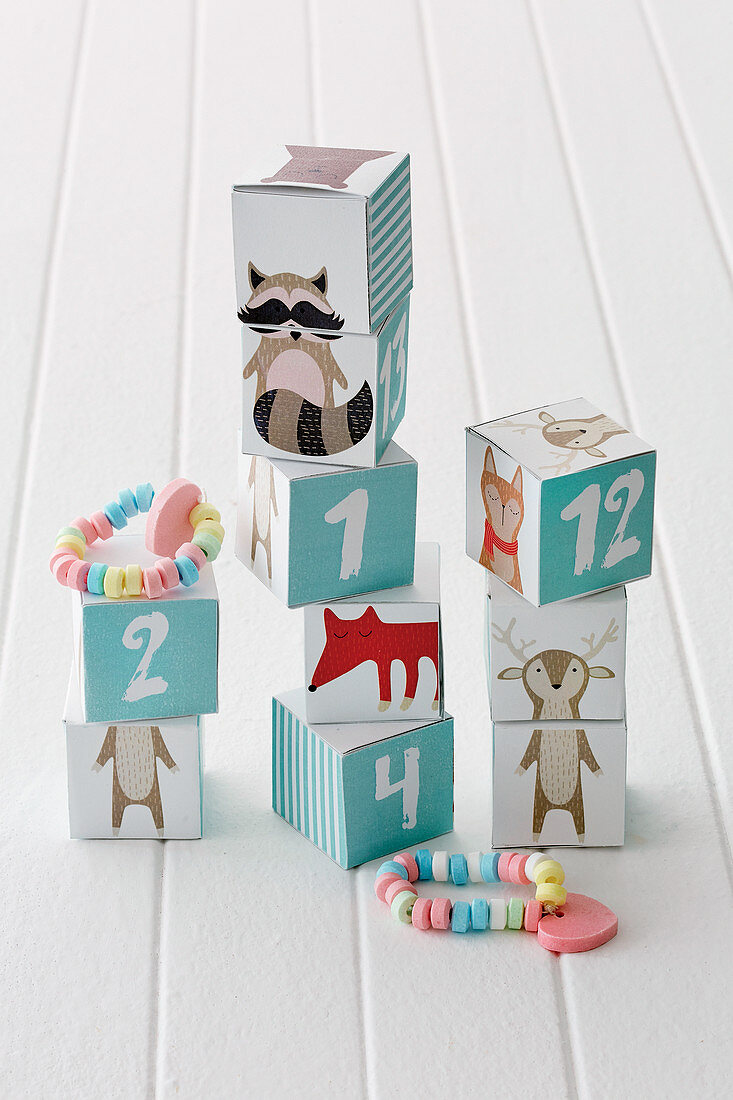 Advent calendar made from numbered boxes with animal motifs
