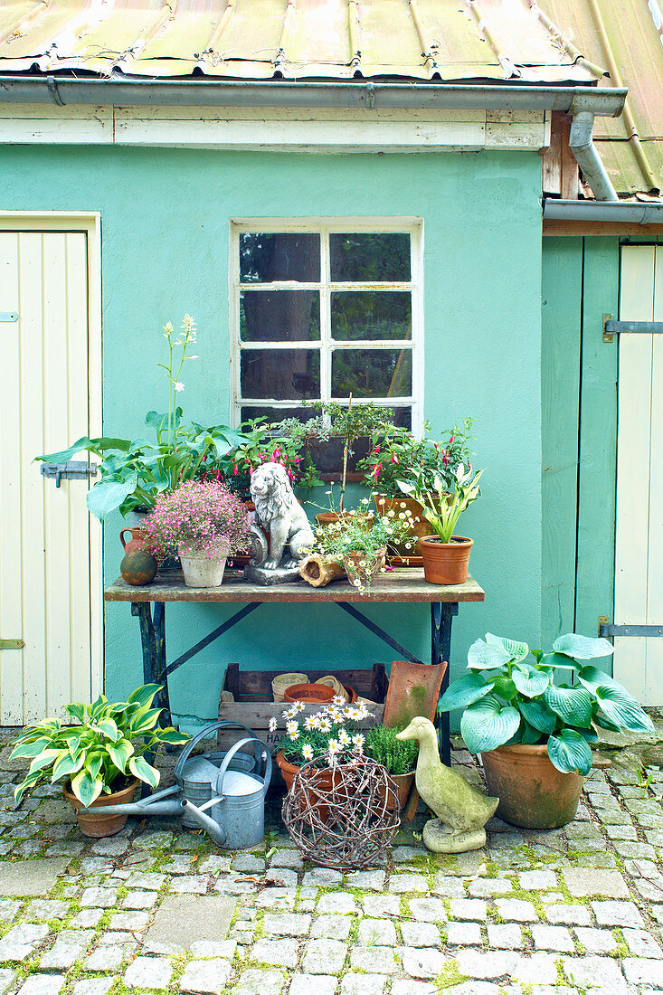 Pflanzen und Vintage-Deko auf und vor einem Tisch vor grünem Haus