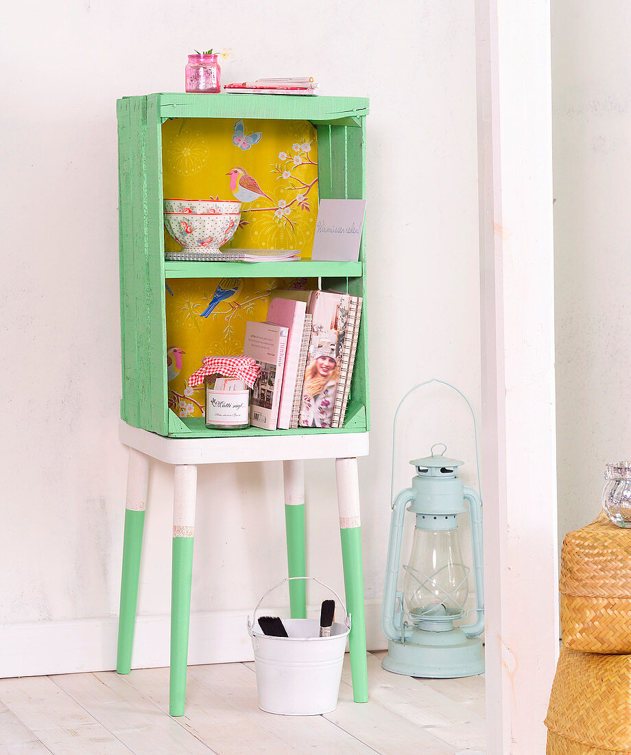 Shelves handmade from fruit crate and stool