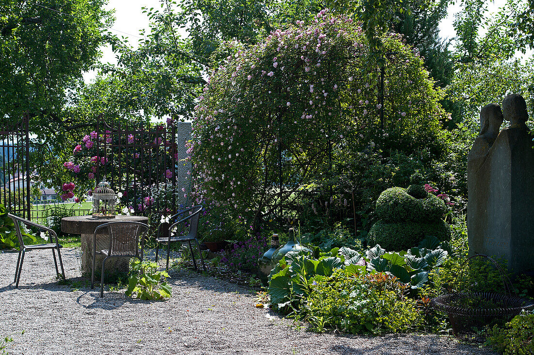 Round table and chairs in rose garden