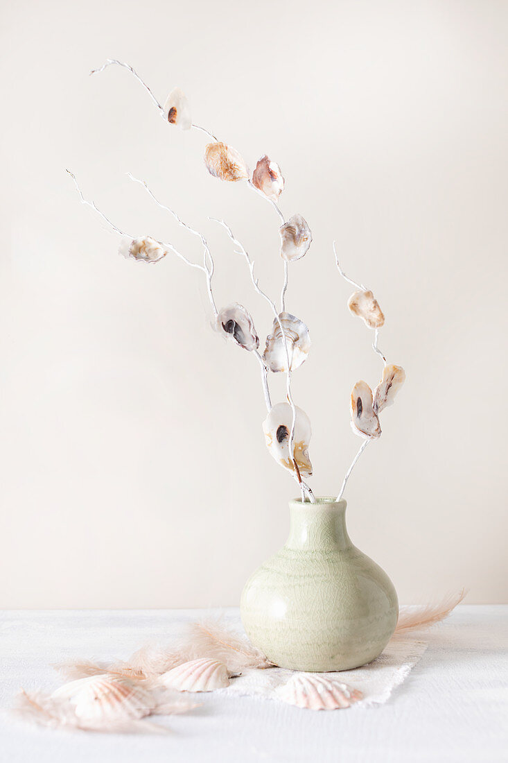 Seashells stuck on white-painted branch in vase
